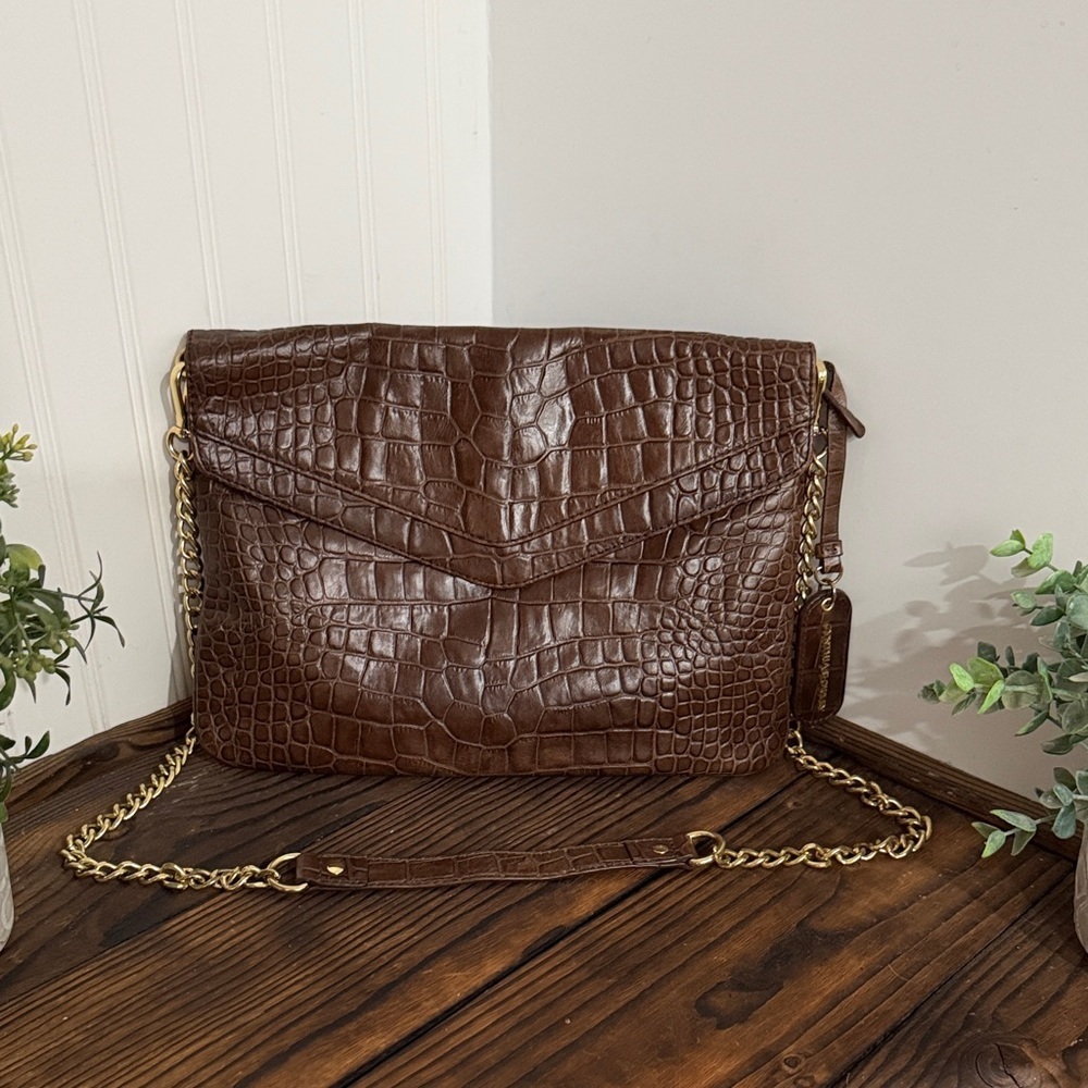 Cynthia Rowley Brown Crocodile Embossed Leather Shoulder Bag gold chain strap